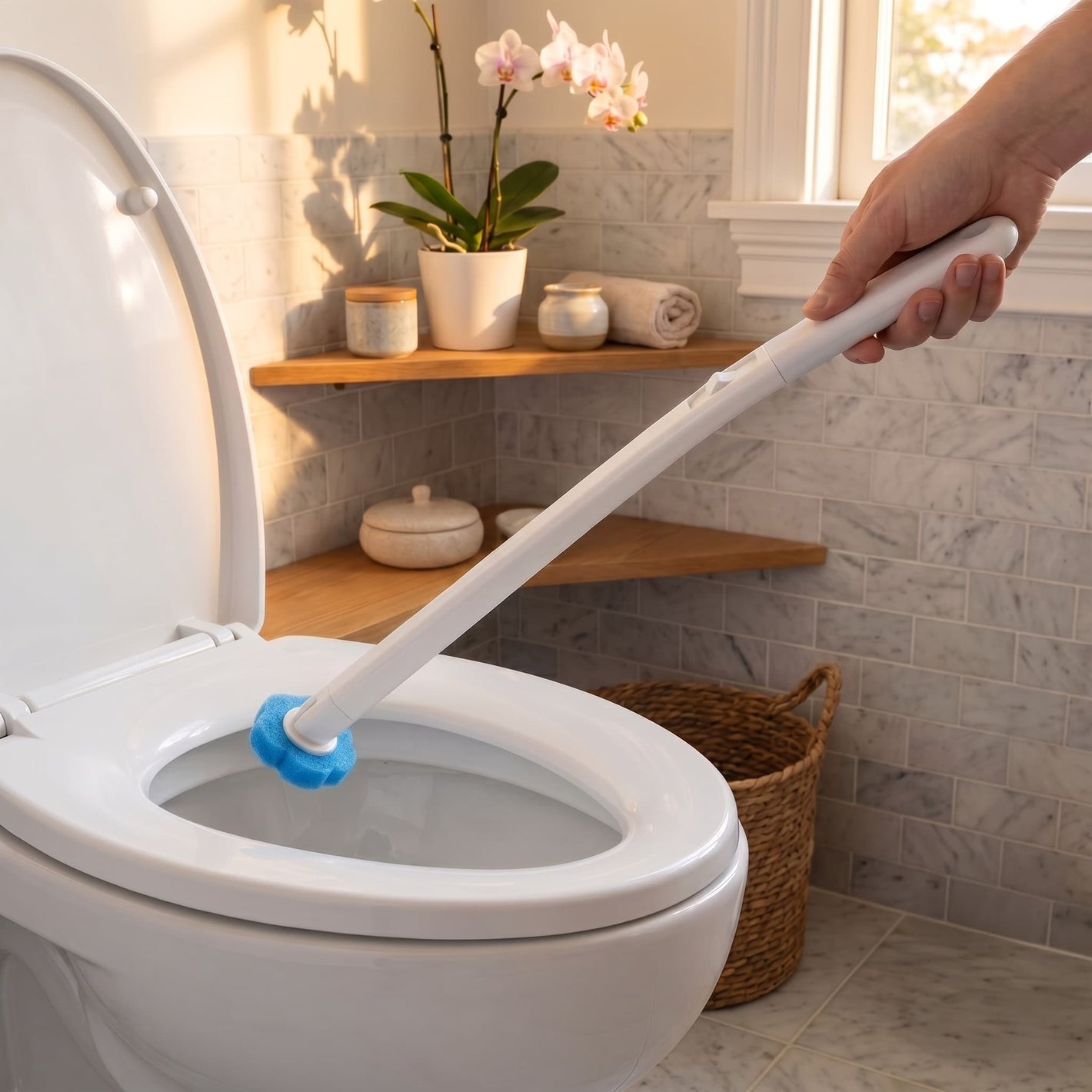 wc tisztító szett cserélhető fejjel használat közben BuddyBlitz